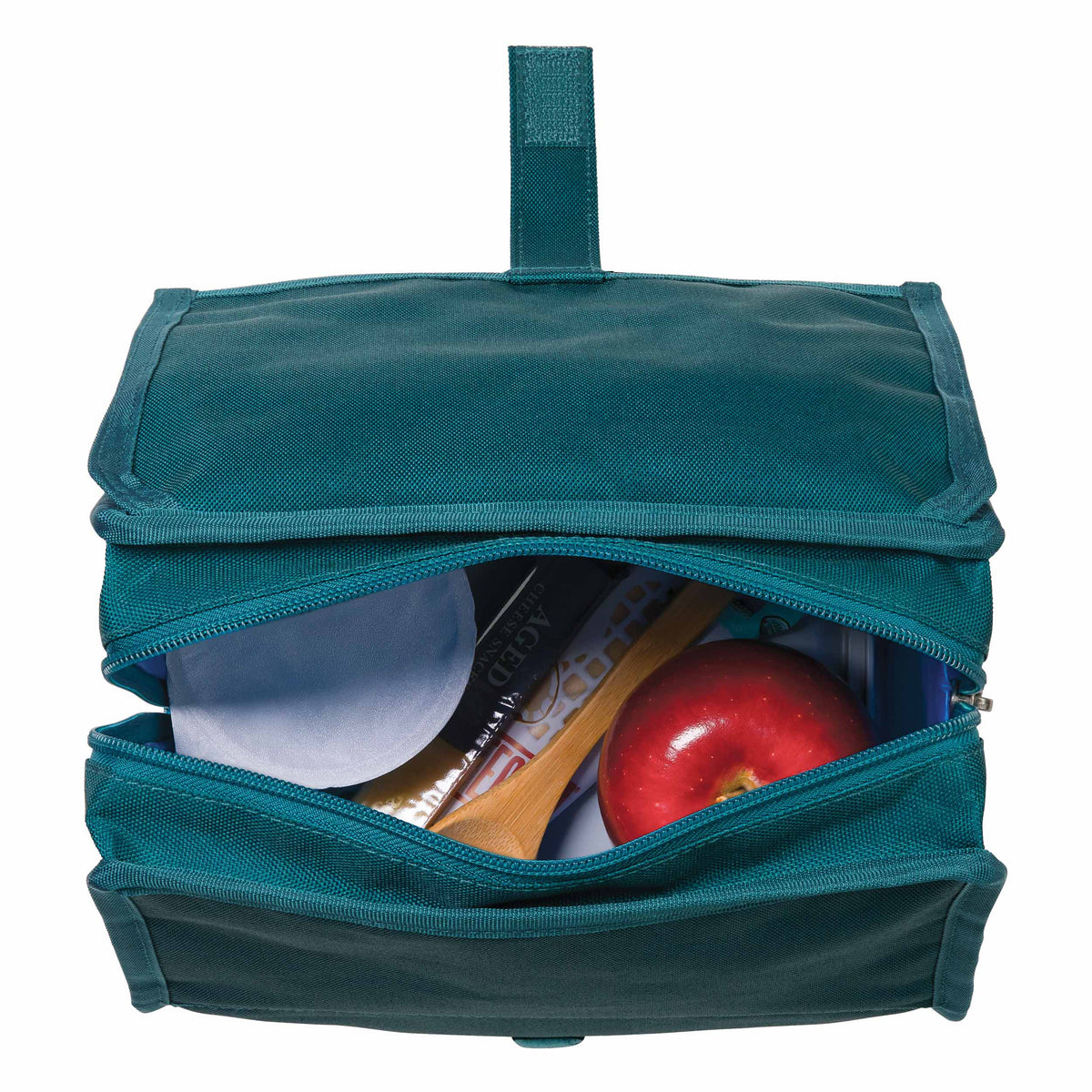 freezable-lunch-bag-k6 freezable-lunch-bag-deep-teal-top-view-packed.jpg