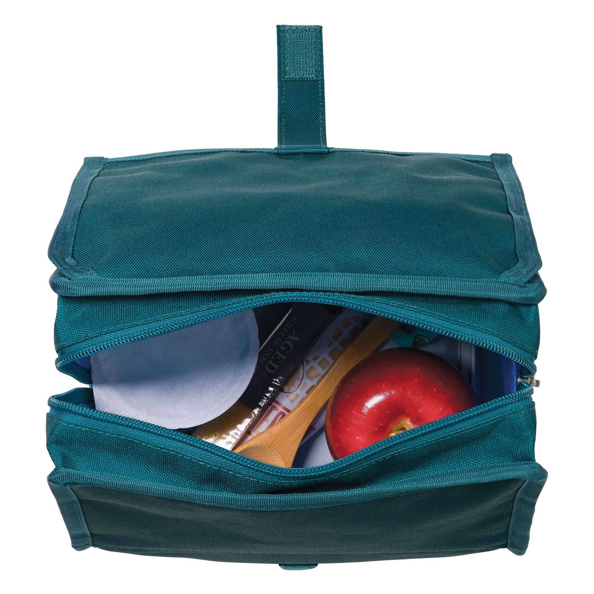 freezable-lunch-bag-t0 freezable-lunch-bag-deep-teal-top-view-packed.jpg